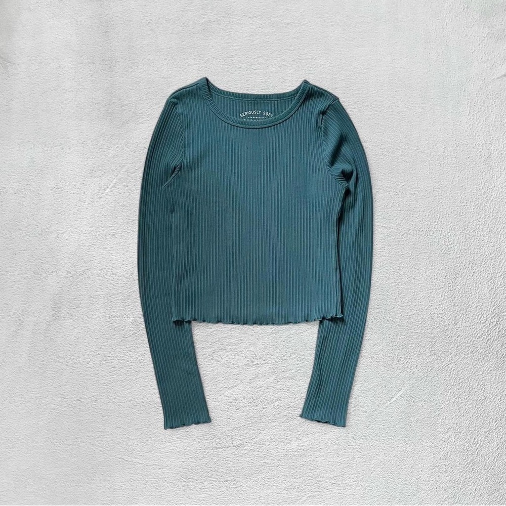 Aéropostale Seriously Soft Teal Ribbed Lettuce Trim Shrunken Tee, Women’s Medium